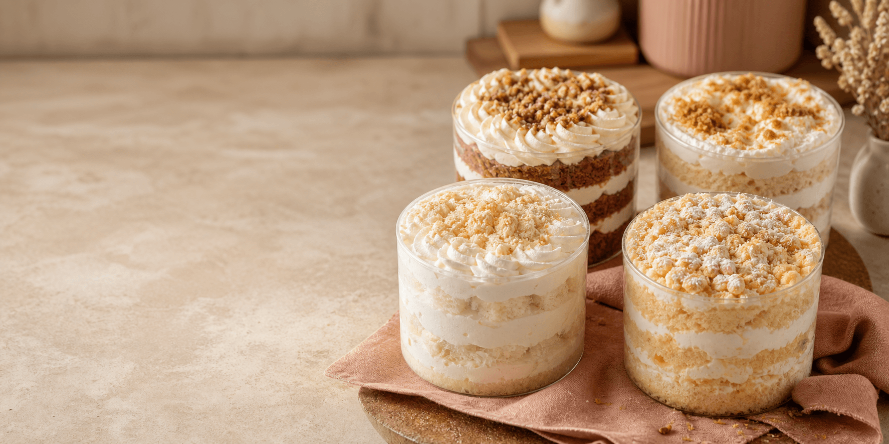 Four layered bucket cakes on a warm bakery table