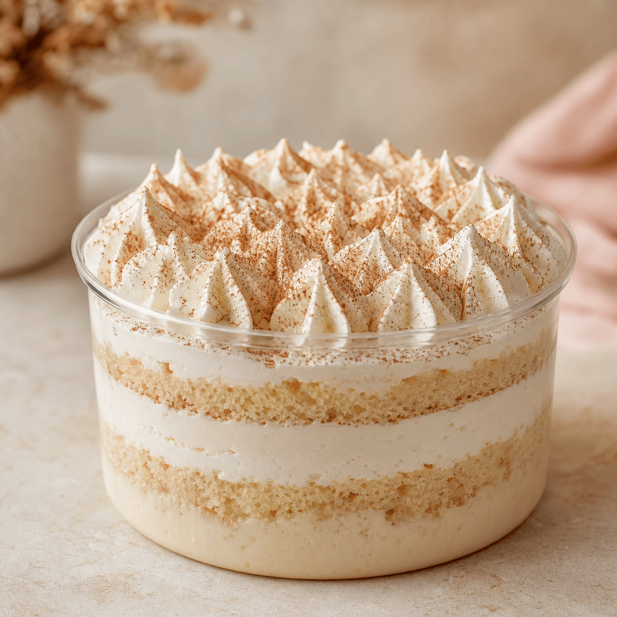 Placeholder photograph of a layered tres leches bucket cake